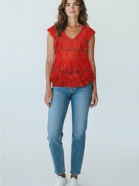 Ladies Maeve Katrine Lace Coral Red Peplum Top Size Small